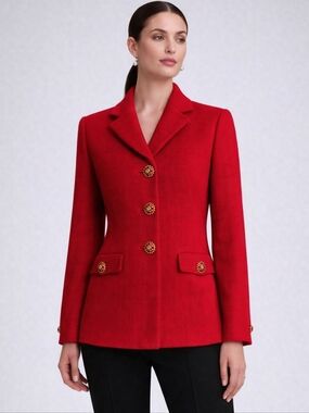 EUC St. John Collection  Sz S Red Textured Blazer Gold Button Statement Piece